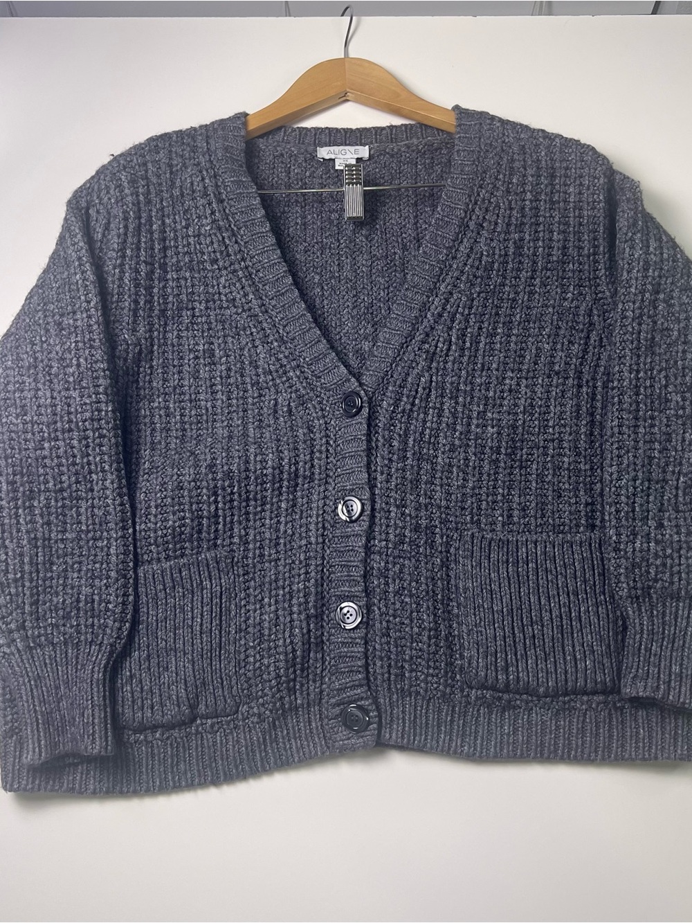ALIGNE Gray Wool Blend Cardigan Sweater Womens XS V-Neck Button Front Pockets